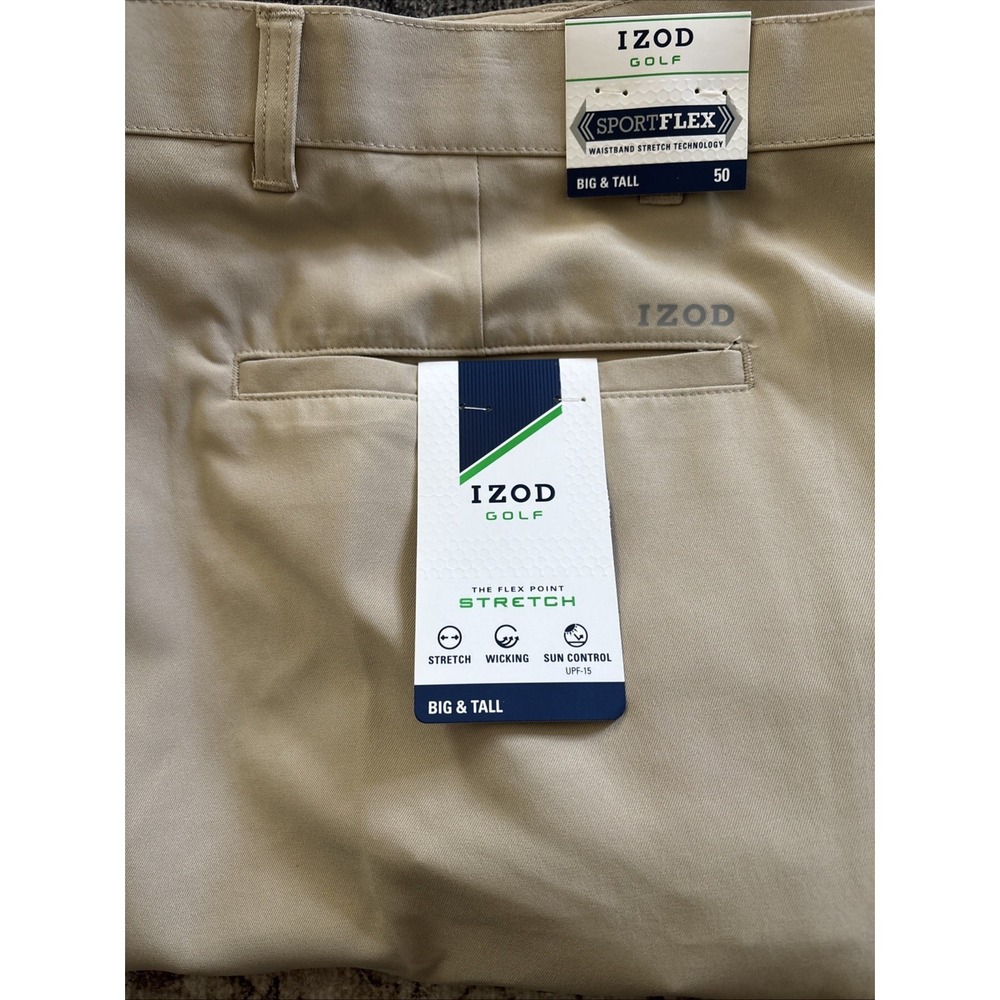 IZOD Sportflex Flat Front Quick Dry Chino Shorts Mens 50" Waist Golf Casual Tan